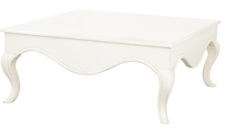 A large white country style wooden square coffee table with cabriole shaped legs.