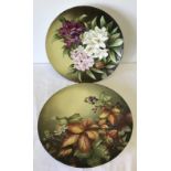 2 circa 1884 large hand painted chargers with floral decoration by T.C. Brown Westhead Moore & Co.
