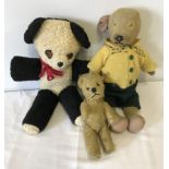 3 vintage teddy bears, Small Pixie Toys bear, musical bear and one other.