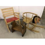 A child's vintage wooden rocking horse chair.