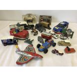 4 items of vintage tinplate with mixed diecast and figures.