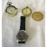 2 vintage pocket watches together with an LCD digital watch, and a Smith's early plastic watch stand