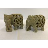 2 carved Indian soapstone elephants with baby elephants carved in interior.