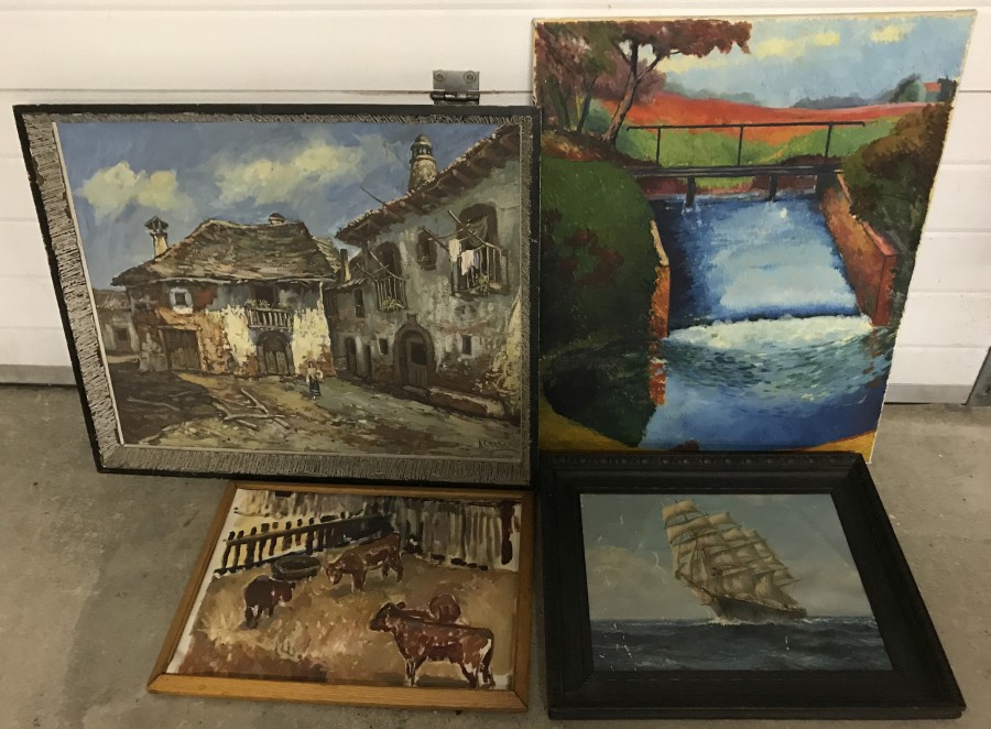 A collection of 4 oil paintings, some framed.