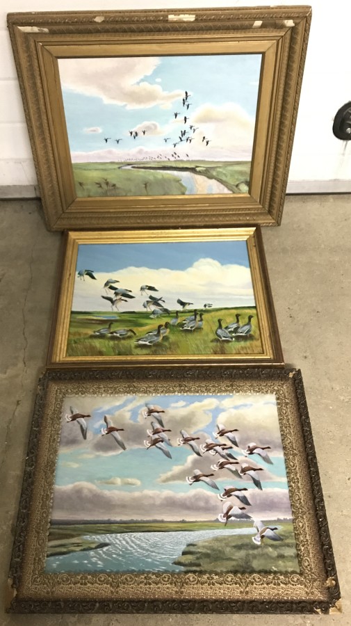 A collection of 3 framed oil on board paintings depicting fowl in flight.