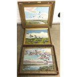 A collection of 3 framed oil on board paintings depicting fowl in flight.