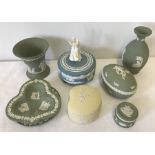 A small quantity of Wedgwood Jasper ware to include lidded trinket pot in lemon colourway.