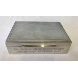 A silver lined wooden cigarette box engraved to front and presented to Major Pilkington. RASC.