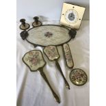 A box of assorted items to include ladies dressing table set with lace detail.
