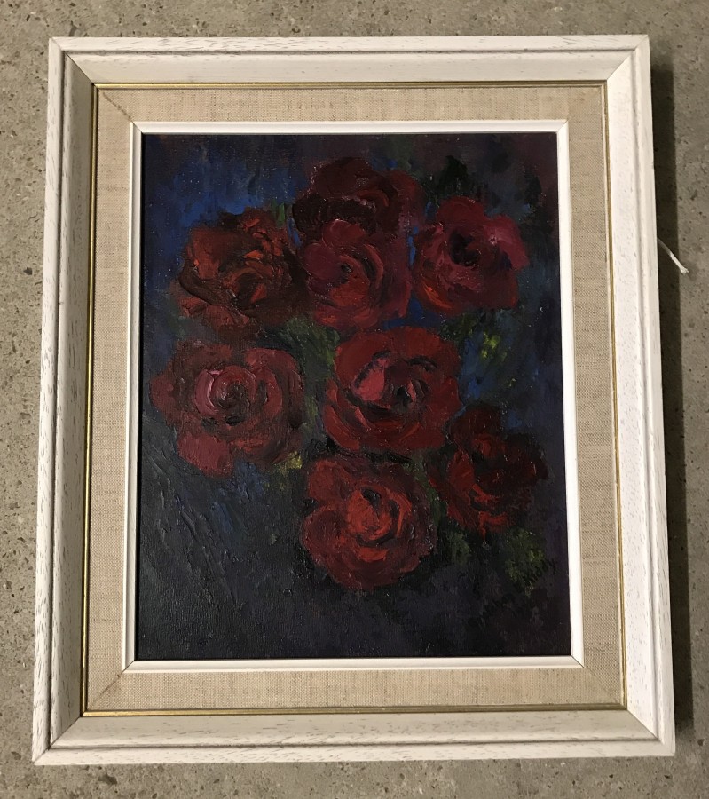 A Framed oil on board "Deep Red Roses" by G.E. Kiddy.