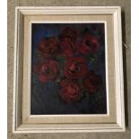 A Framed oil on board "Deep Red Roses" by G.E. Kiddy.