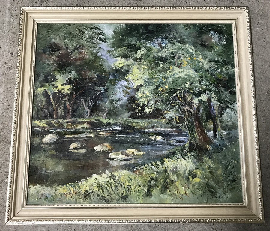 An oil on canvas depicting a woodland river scene.