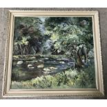 An oil on canvas depicting a woodland river scene.