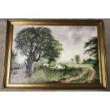 A large gilt framed oil on board of a river bank scene, "Summer Meadows at Billingford".