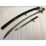 A 19th century curved Calvary sword in black painted steel scabbard, no makers mark to blade.