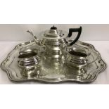 A Viner's silver plated teapot, milk jug & sugar bowl on a silver plated tea tray.