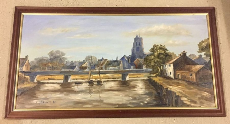 J. Adamson large oil on board of Beccles wood yard and bridge.