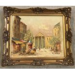 A framed oil on canvas of a continental city scene.