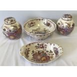 4 items of Masons ceramics with pink Fruit Basket design.