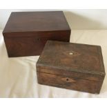 2 vintage writing boxes. One with inlay and mother of pearl to lid.
