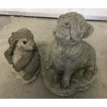 Concrete Bulldog & Rabbit garden ornaments.