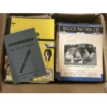 A box of vintage woodwork tool catalogues and woodworker Magazines.