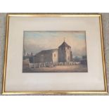 19th century watercolour of a church with square tower. Circle of Samuel Prout.