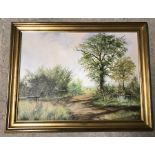 A gilt framed oil on board of a woodland track, "Country Scene, Rushall".