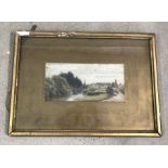 A Framed an glazed watercolour of a village river scene. Signed R. Rayment.