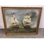 A large gilt framed oil painting by Helen Dedrick depicting 2 Man of War ships.