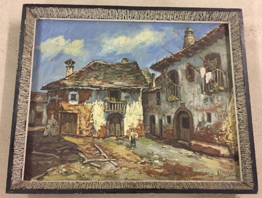 A large oil on board of a continental courtyard. Signed A. Cerizo (?).