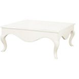 A large white country style wooden square coffee table with cabriole shaped legs.