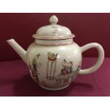 A ceramic teapot decorated with hand painted oriental figural design.