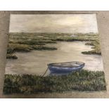 Ann Egan - oil on canvas of marshland scene with rowing boat in foreground.