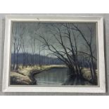 Oil on board of a riverbank in winter.