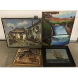 A collection of 4 oil paintings, some framed.