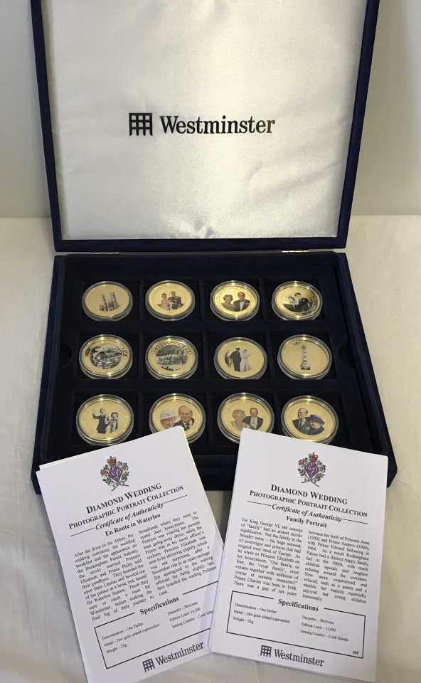 A cased set of 24 Queen Elizabeth & Prince Philip Diamond Wedding photographic commemorative coins.