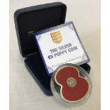 Cased Silver Proof Poppy £5 coin.