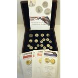 Cased collection of 18 gold plated British coins.