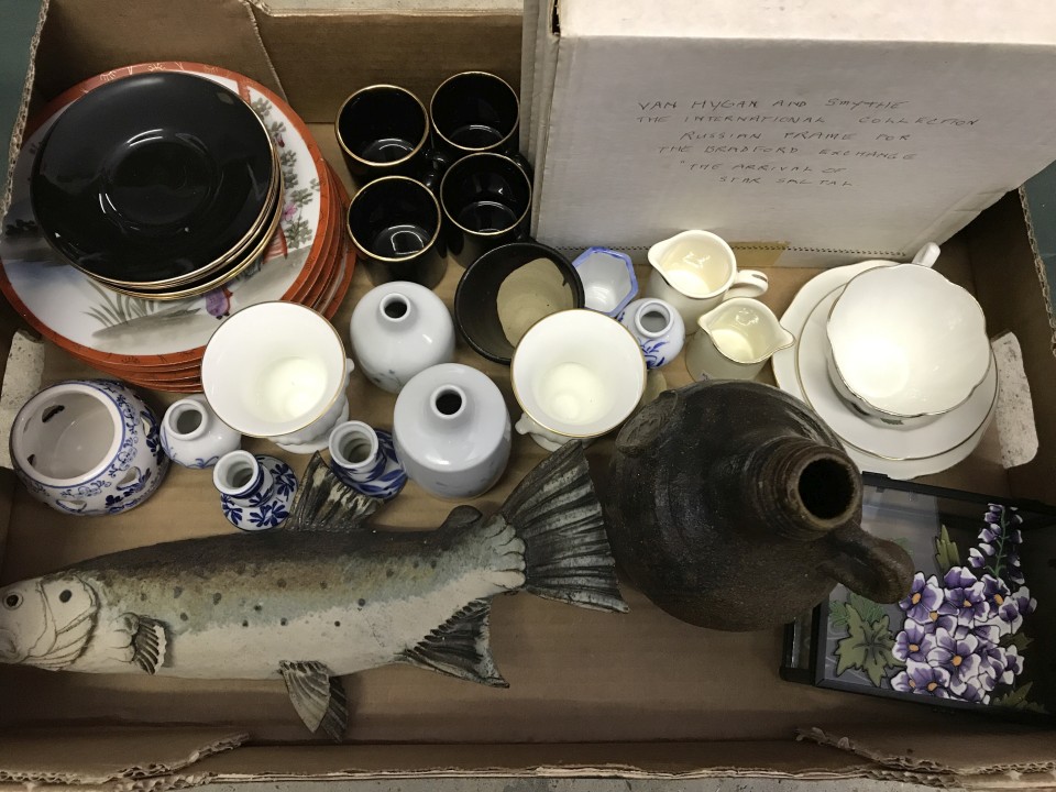 A box of mixed ceramics to include studio pottery, Highbank and Wedgwood.