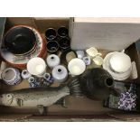 A box of mixed ceramics to include studio pottery, Highbank and Wedgwood.