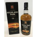 A boxed bottle of Highland Park single malt Scotch whisky.