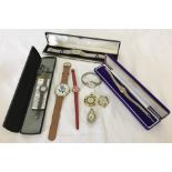 A small collection of ladies watches to include cased Marcasite set Cavel watch.