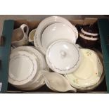 A box of assorted ceramics to include gilt edged part dinner service by Johnson Bros.