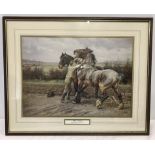 A framed and glazed print " Whoa! Steady! " depicting a young man with shire horses.