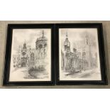 A pair of framed and glazed monochrome prints of Cambridge colleges, Trinity and Kings.