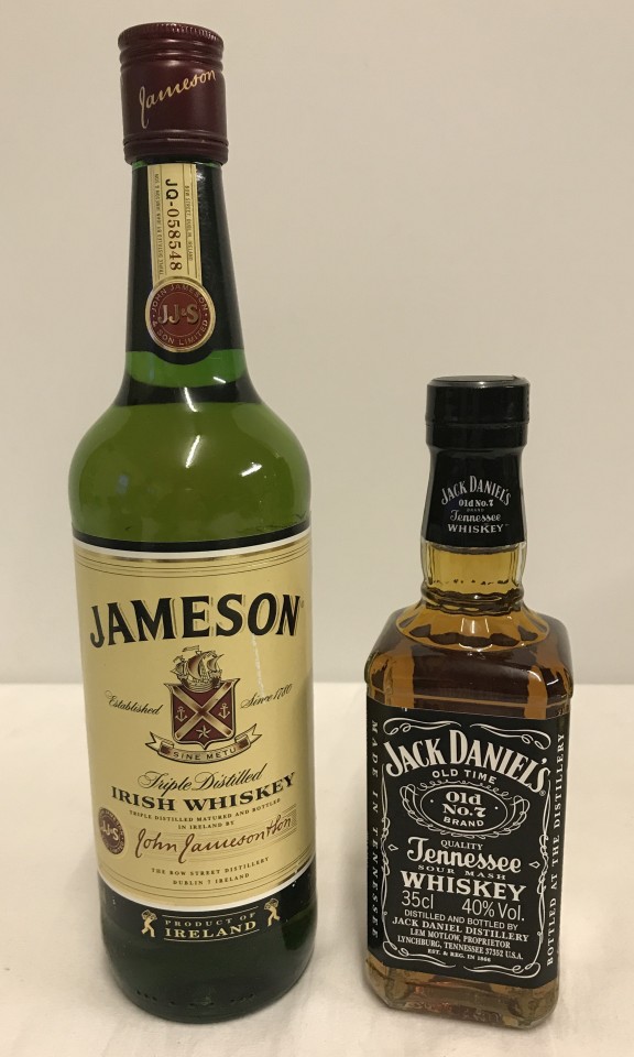 A 70 cl bottle of Jameson triple distilled Irish whisky together with a 35cl bottle of Jack Daniels.