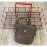 A milkman's carry crate and leather coin bag.