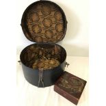 A vintage ladies travelling hat box with key. Together with a oriental design lacquered box.