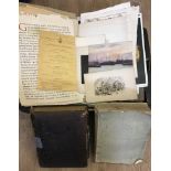A box of books and ephemera to include Victorian scrap album.